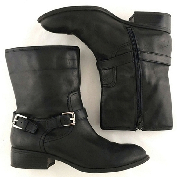 Ralph Lauren Mesi Black Leather Ankle Boots Dual Buckle Strap Almond Toe Size 6B - Picture 2 of 15